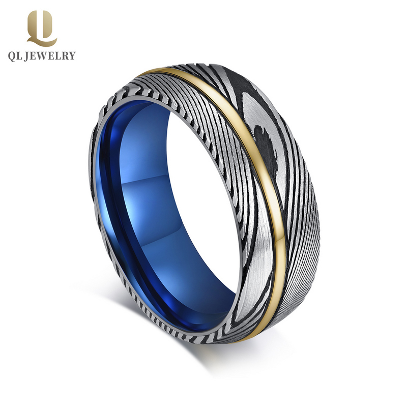 Professional Manufacturer Men\'s Blue Plating Tungsten and Black Damascus Steel Ring