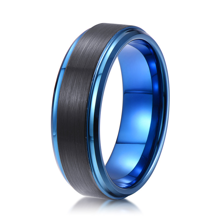 High Quality Two Toned Tungsten Carbide Ring Satin Brushed Black and Blue plating Tungsten Wedding Band China Supplier