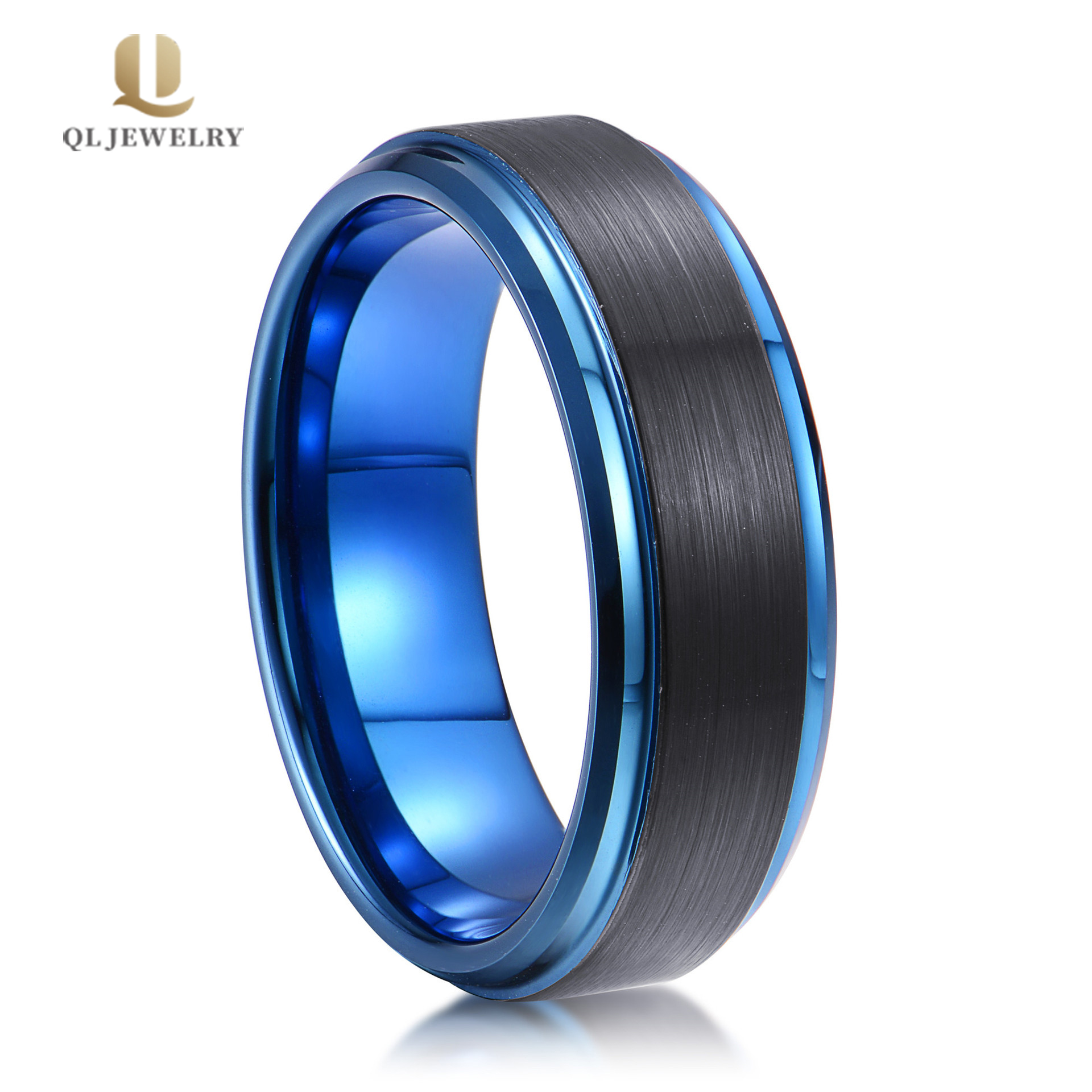 Hohe Qualität Zwei getönte Wolframkarbid Ring Satin gebürstet Schwarzes und blaues Plattiert Wolfram Hochzeitsband China Lieferant