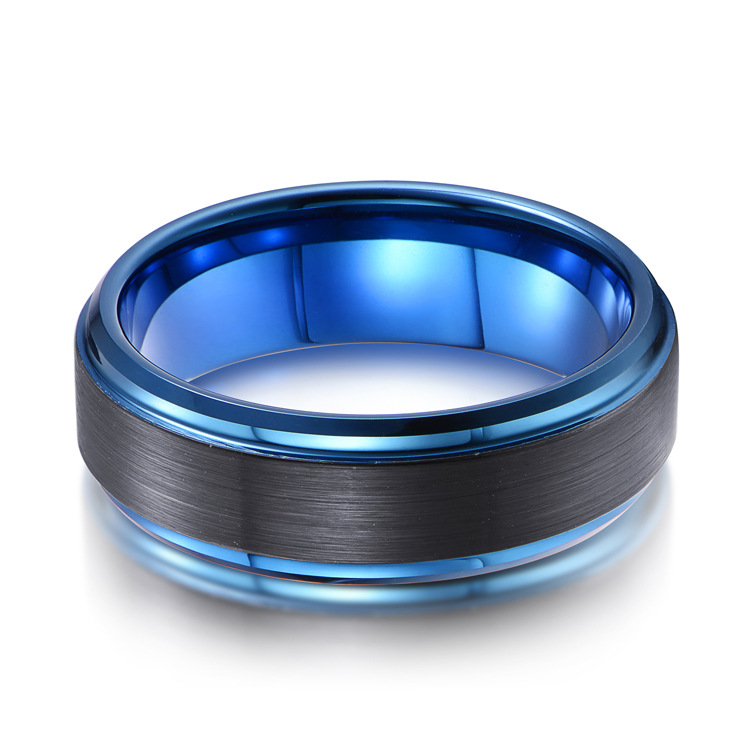 High Quality Two Toned Tungsten Carbide Ring Satin Brushed Black and Blue plating Tungsten Wedding Band China Supplier