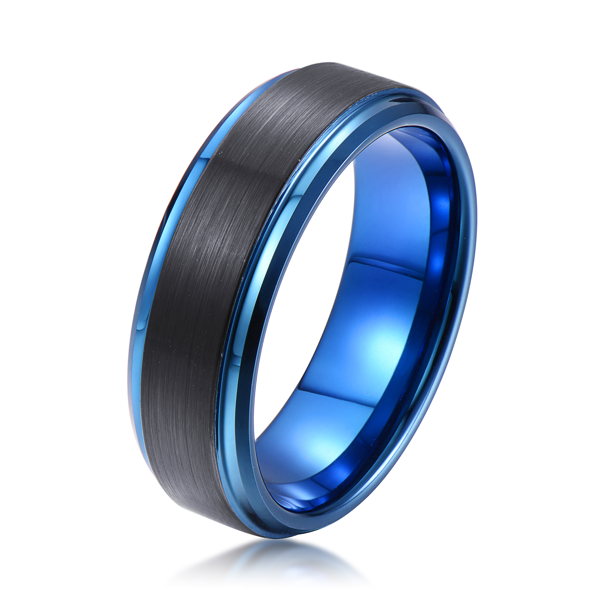 High Quality Two Toned Tungsten Carbide Ring Satin Brushed Black and Blue plating Tungsten Wedding Band China Supplier