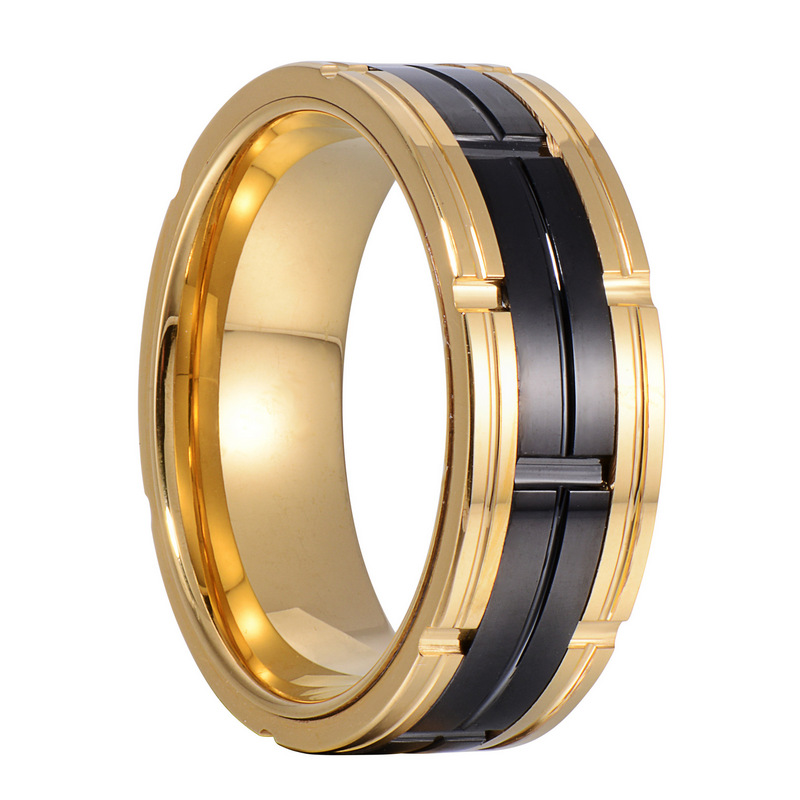 Incroyable confort ajustement doré deux bandes de mariage en carbure de tungstène en or noir