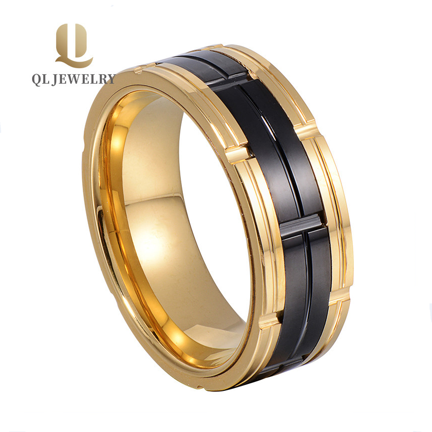 Erstaunlicher Komfort fit zwei getönte Gold- und schwarze Rillen-Wolframkarbid-Hochzeitsbänder