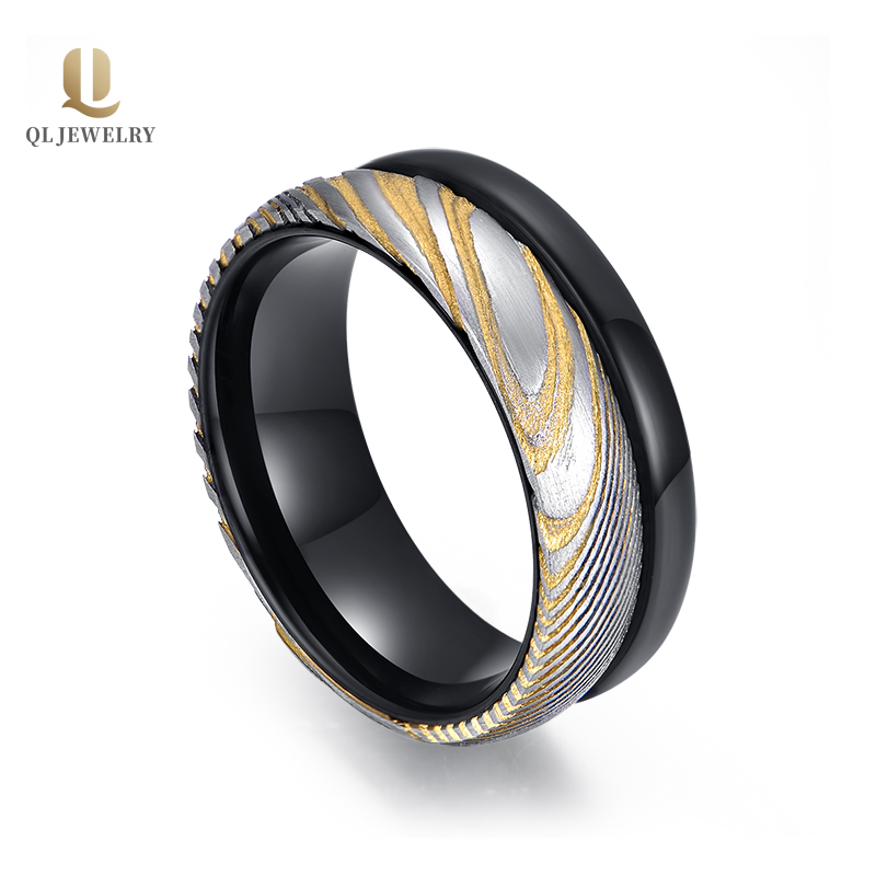 Popular 8mm Black Tungsten and Gold Damascus Steel Wedding Band for Men China Supplier