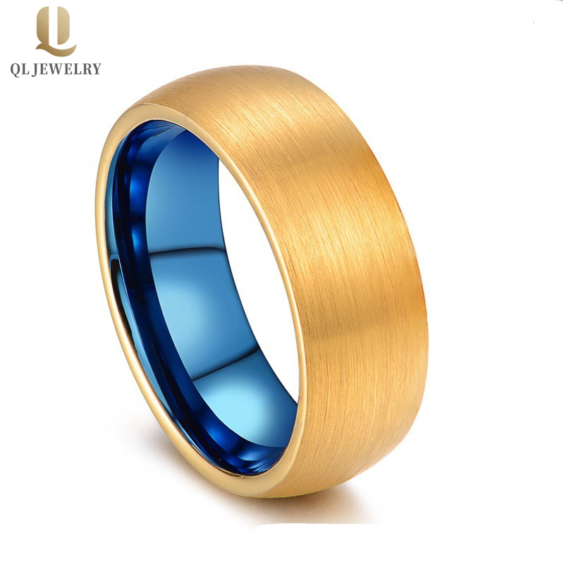 Wholesale 8mm domed matte finished two tone tungsten carbide ring gold and blue tungsten carbide ring