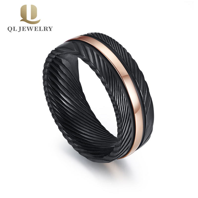 Hot sale Men\'s Black Damascus Steel and Rose Gold Stainless Steel Wedding Band Ring China Supplier 