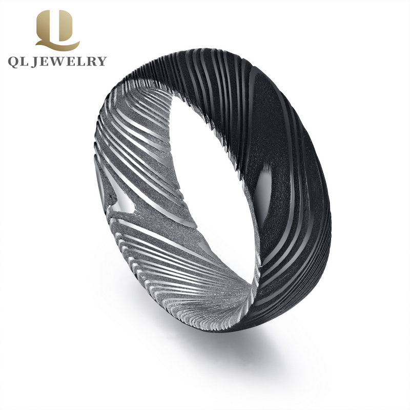 Wholesale Men\'s Black Damascus Steel Wedding Band Damascus Steel Ring China Supplier 