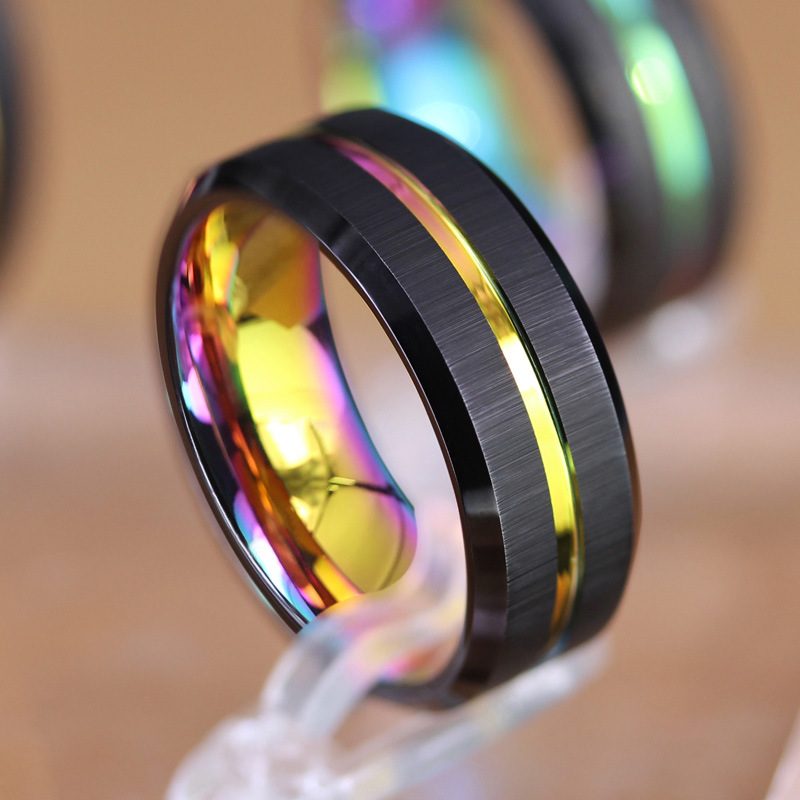Wholesale 8MM Black Rainbow Tungsten Carbide Ring with Cross Satin Brushed China Manufacturer