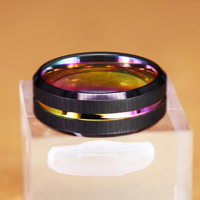 Wholesale 8MM Black Rainbow Tungsten Carbide Ring with Cross Satin Brushed China Manufacturer