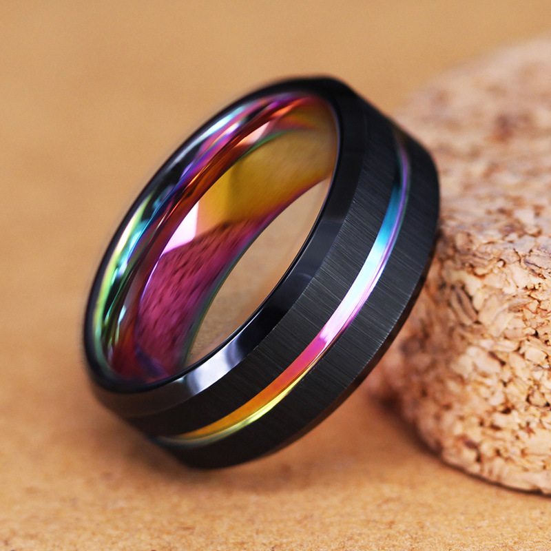 Wholesale 8MM Black Rainbow Tungsten Carbide Ring with Cross Satin Brushed China Manufacturer