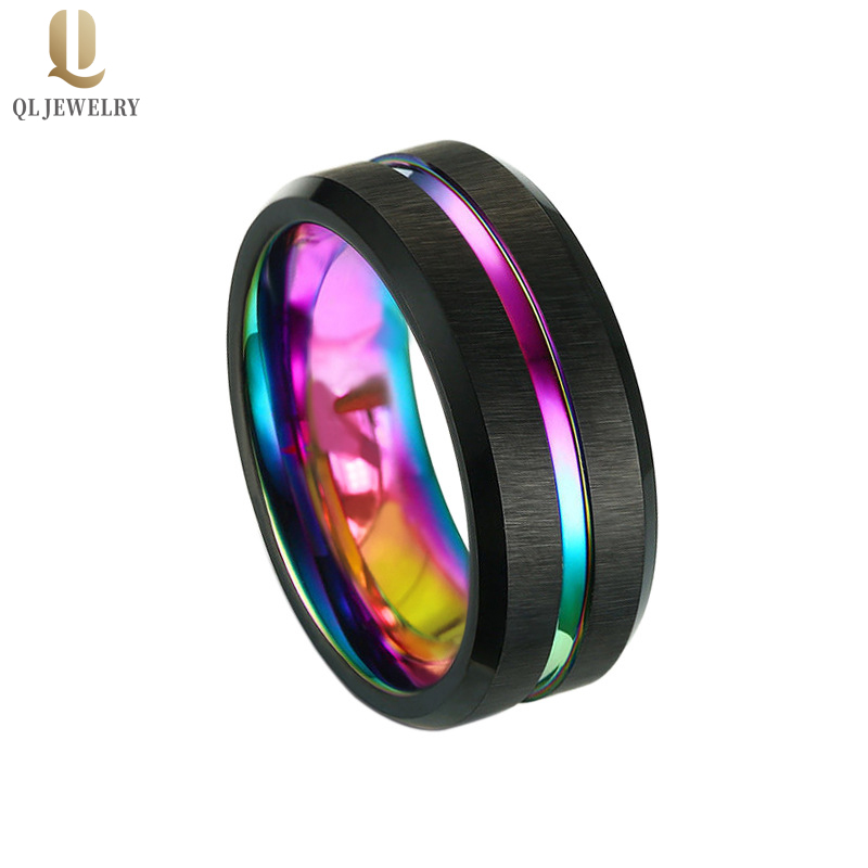 Großhandel 8mm schwarzer Regenbogen Wolframkarbidring mit Kreuz Satin gebürstet China Hersteller