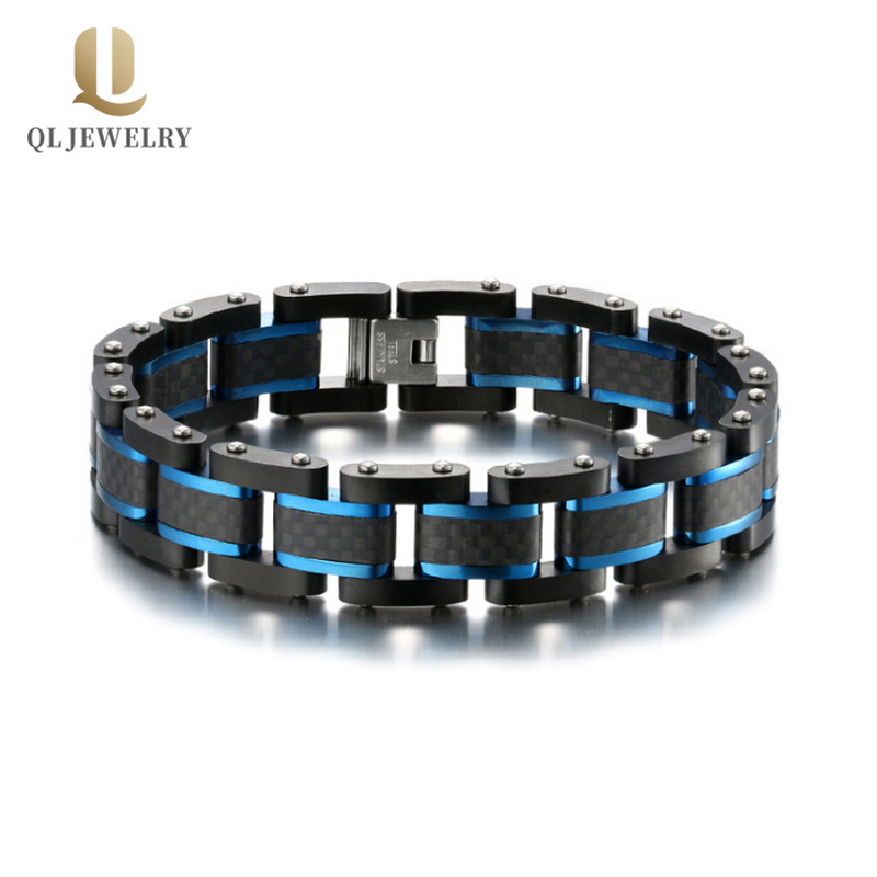 China Super Quality Men's Black Carbon Fiber and Blue Plated Stainess Steel Bracelet 