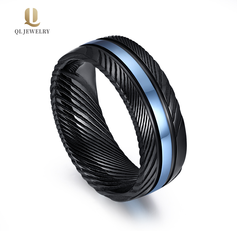 Amazing 8mm Black Damascus Steel Wedding Band with 2mm Blue Stainless Steel Inlay China Supplier
