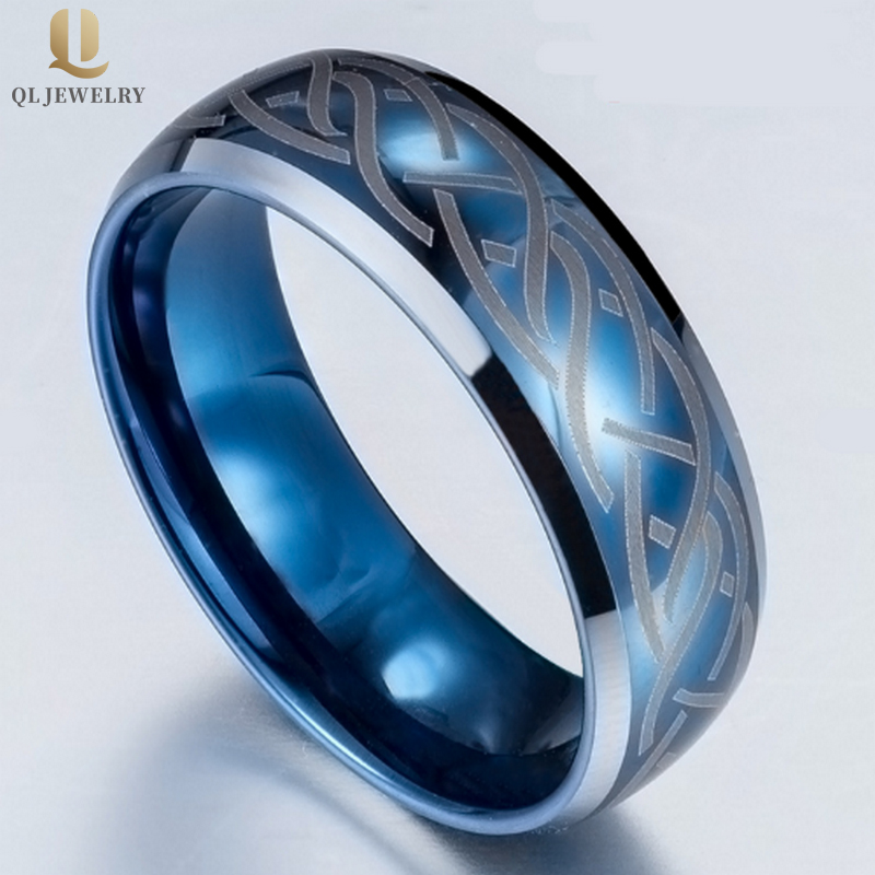 8mm gewölbte und abgeschrägte Kanten blauer Wolframring mit keltischem Knoten China-Lieferant gelasert