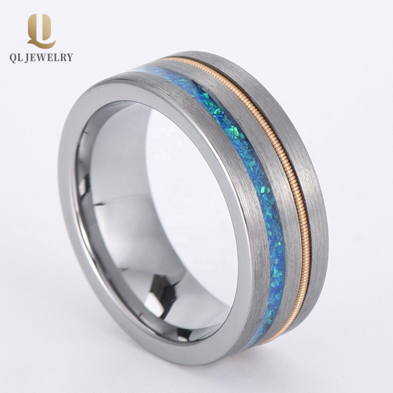 Vente en gros 8mm Satin brossé brossé brossé Bande de mariage avec incrustation en acier inoxydable opale et or