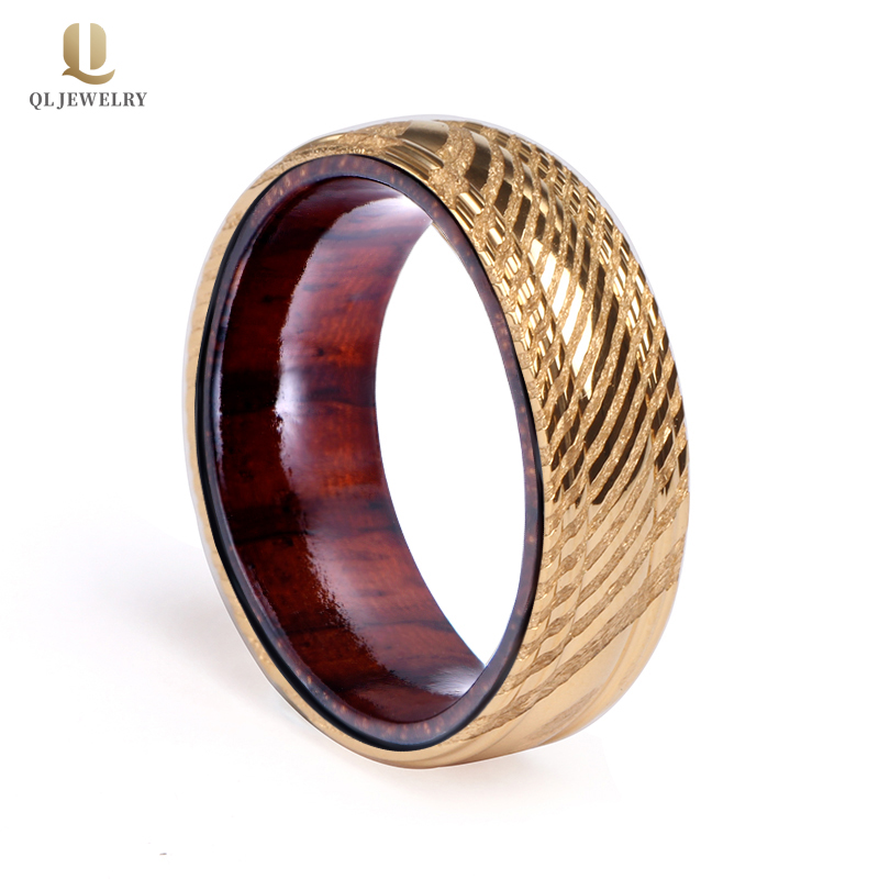 Professionelle Fabrik 8mm Mens Ehering Band Gold Damaskus Stahl und Holzring