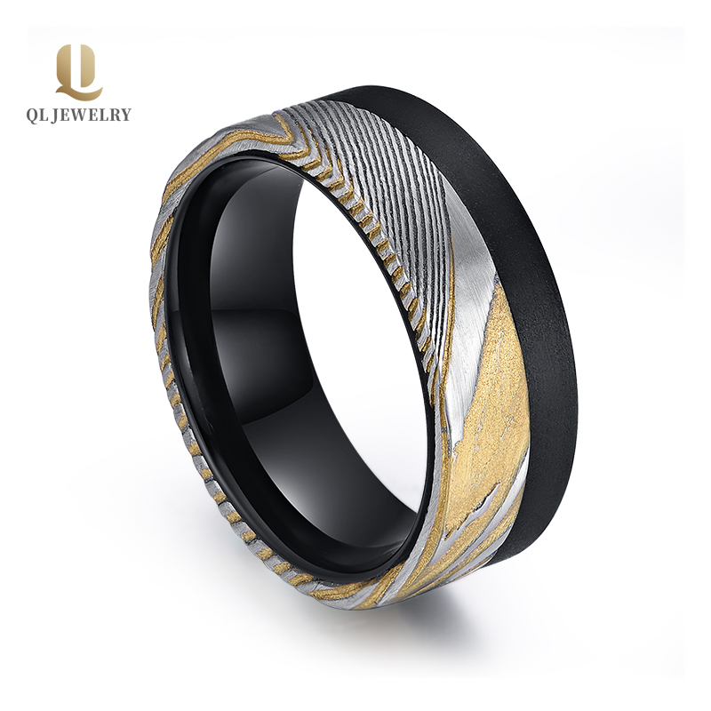 Amazing 8mm Flat Black Brushed Tungsten Carbide Ring with Damascus Steel Band Inlay
