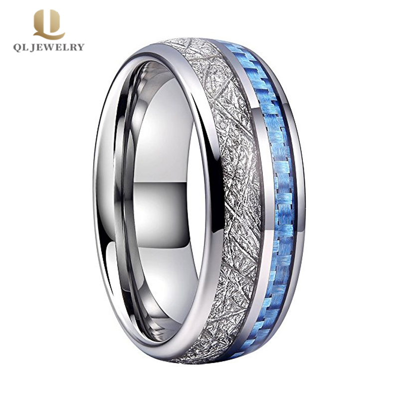 Comfort Fit 8mm Domed Tungsten Carbide Ring with Meteorite and Blue Carbon Fiber Inlay China Supplier