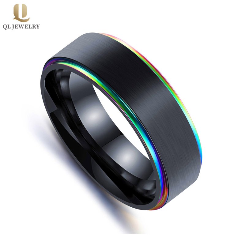 Superior Qualität 8mm Satin gebürstet Stiefkanten Zwei getönte Wolframkarbidring Schwarzer und Rainbow China Lieferant