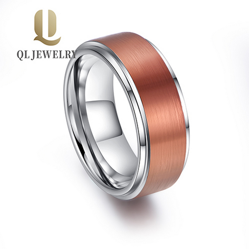 8mm Satin Brushed Tungsten Carbide Ring Step Edges Red Tungsten Wedding Bands