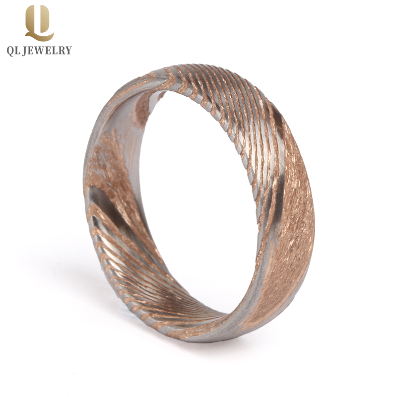 Wholesale 6mm domed rose gold damascus steel ring mens wedding band China Supplier