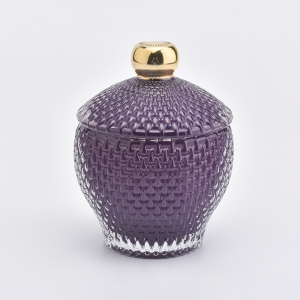 Irregular Shape Glass Candle Holder with Lid Embosed Purple