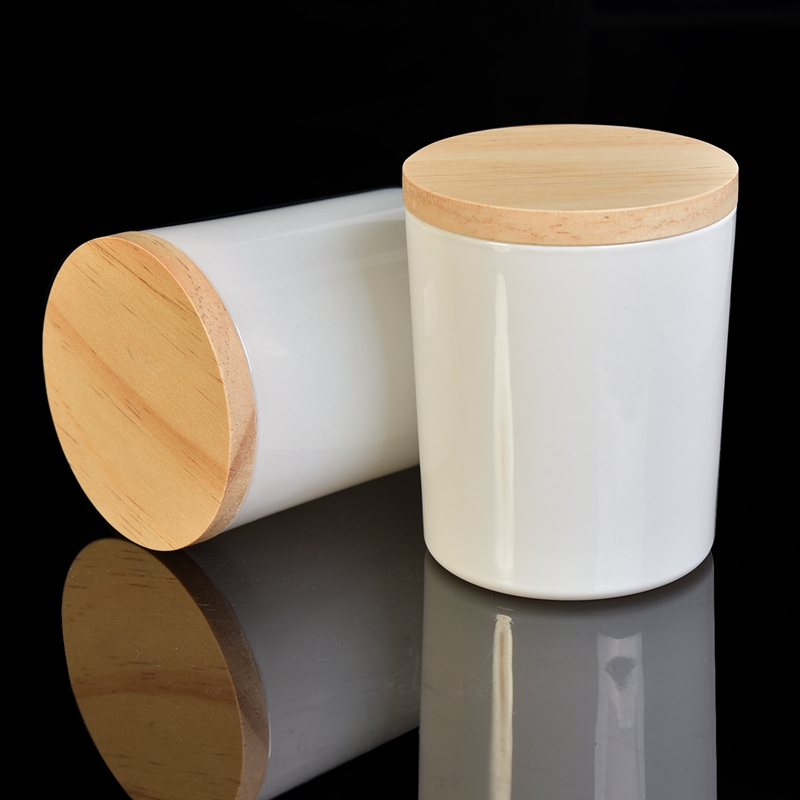 white glass candle holder with wood lid