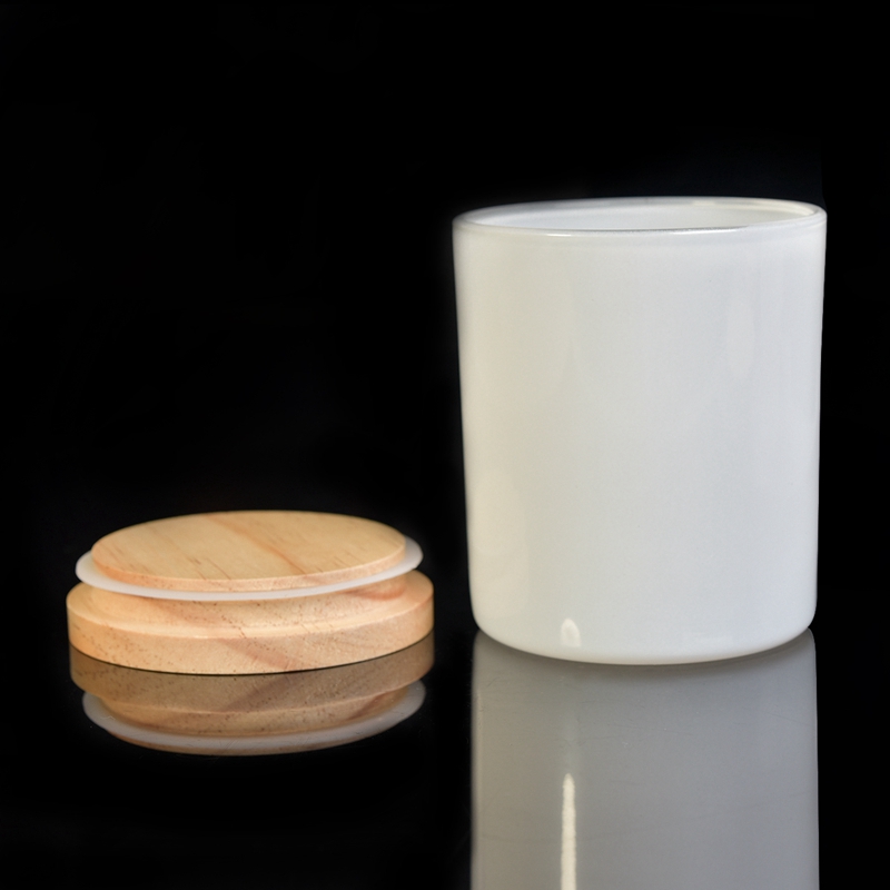 white glass candle holder with wood lid