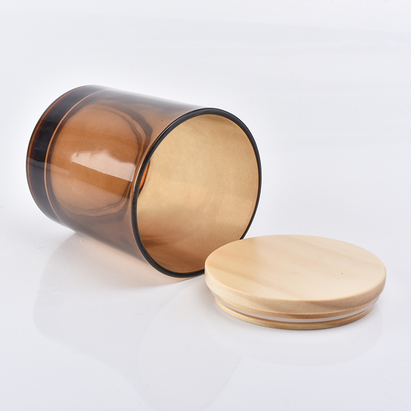 Wholesale Amber glass candle jars with wood lids