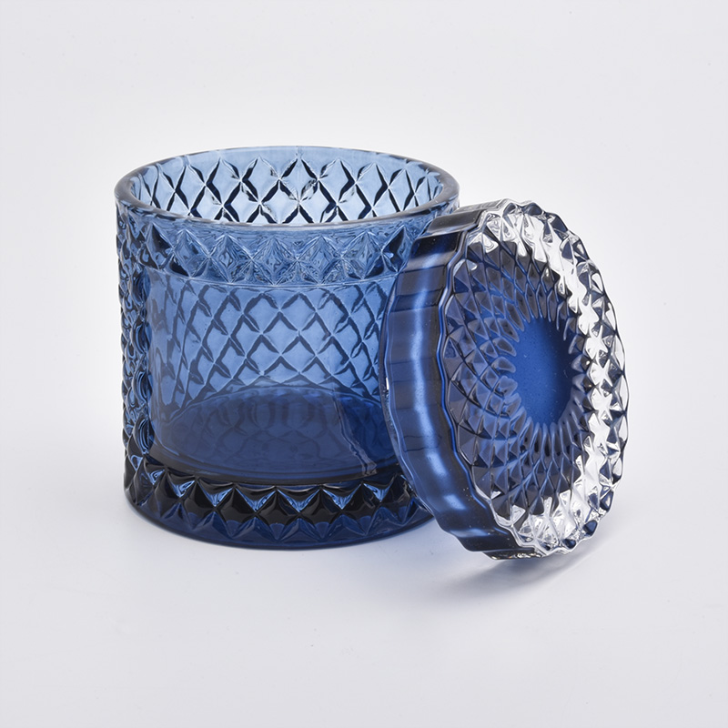Glass candle jar with lid  blue color candle holder for home decoration