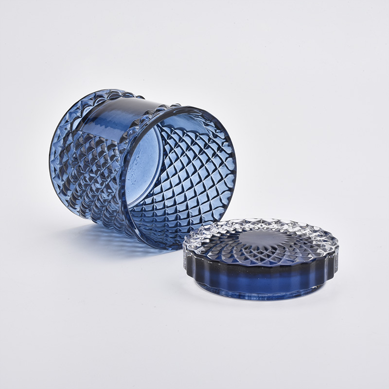 Glass candle jar with lid  blue color candle holder for home decoration