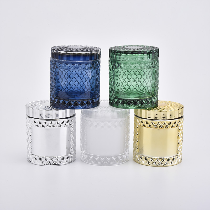 Glass candle jar with lid  blue color candle holder for home decoration