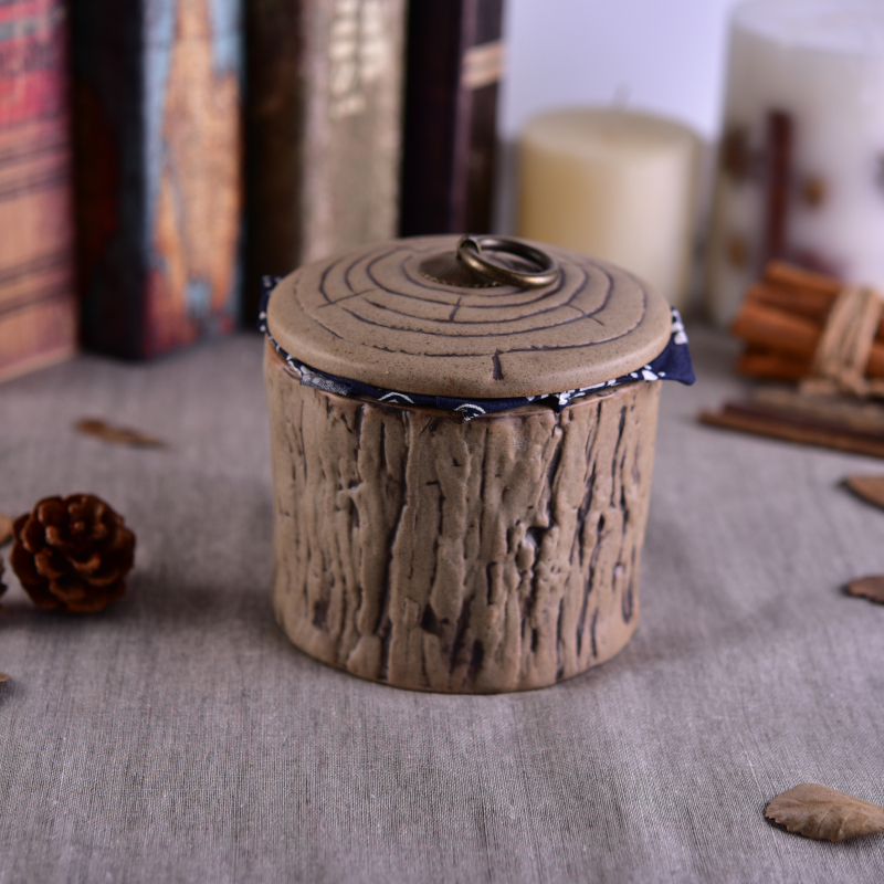 Brown big jar tree shape ceramic candle holder with lid