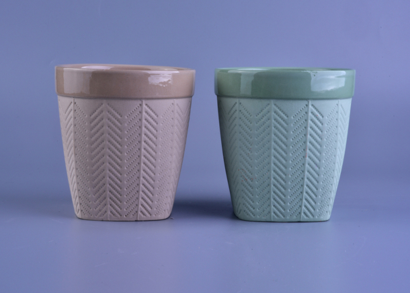 Matte Tree Pattern Ceramic Candle Holders with 2 Colors Glazed Inside