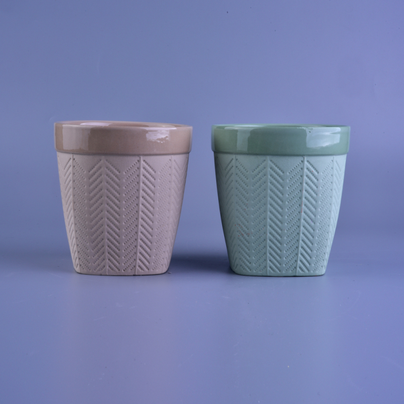 Matte Tree Pattern Ceramic Candle Holders with 2 Colors Glazed Inside