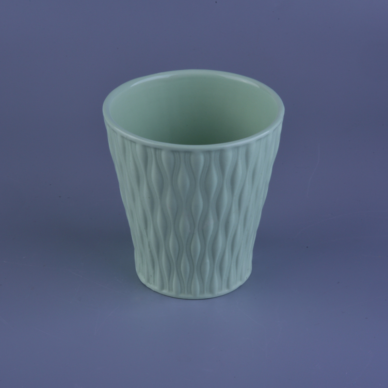 Embossed Green Glazed Ceramic Candle Holders , Jars for Wedding Decoration