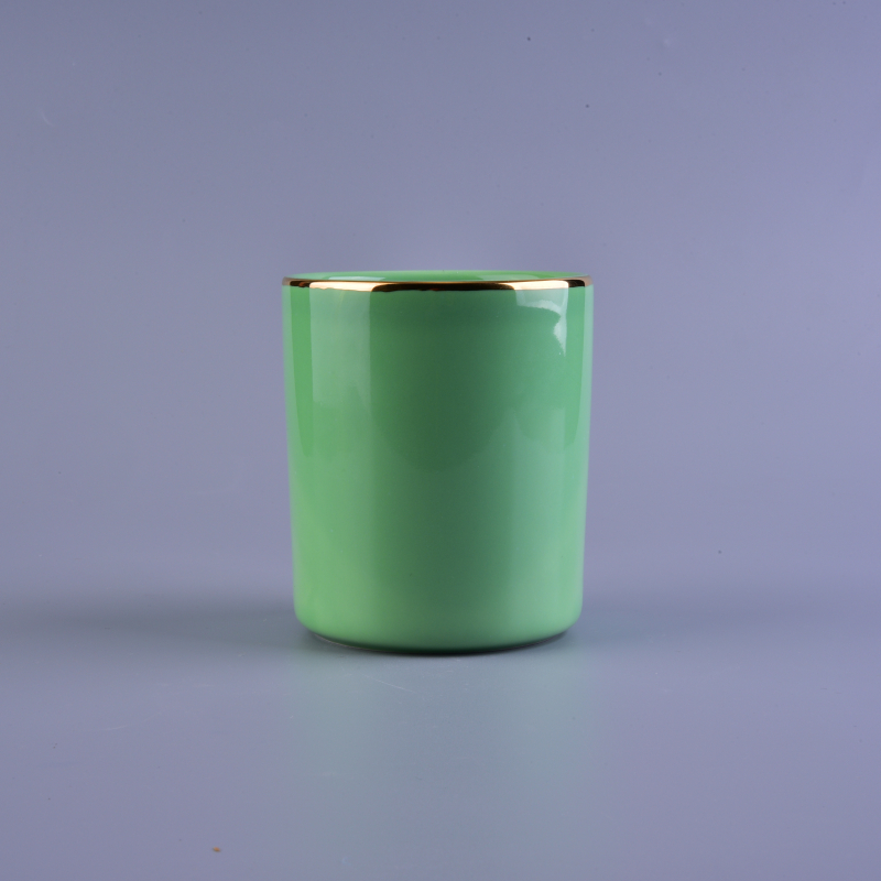 Hand painting gold rim green ceramic candle holder