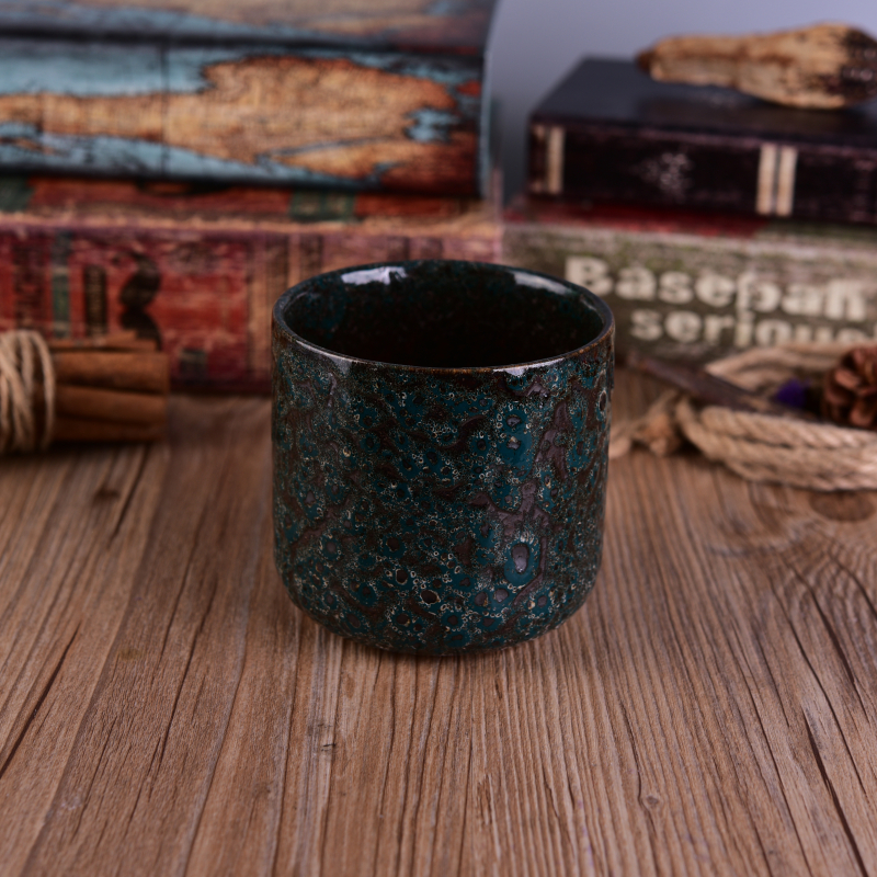 Rough shinny surface unique dark green glazed ceramic candle jar