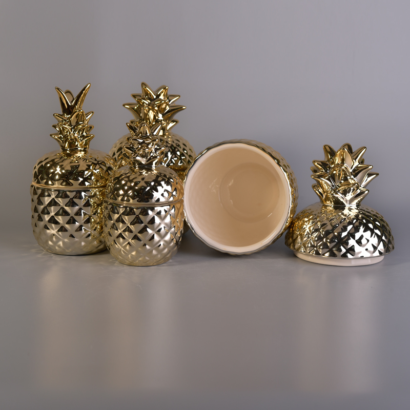 Hot selling newly arrived handmade gold pineapple ceramic candle jar with lids
