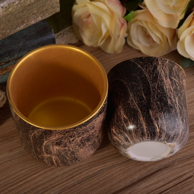 Tree Bark Pattern Ceramic Candle Vessel With Gold Electroplated Inside