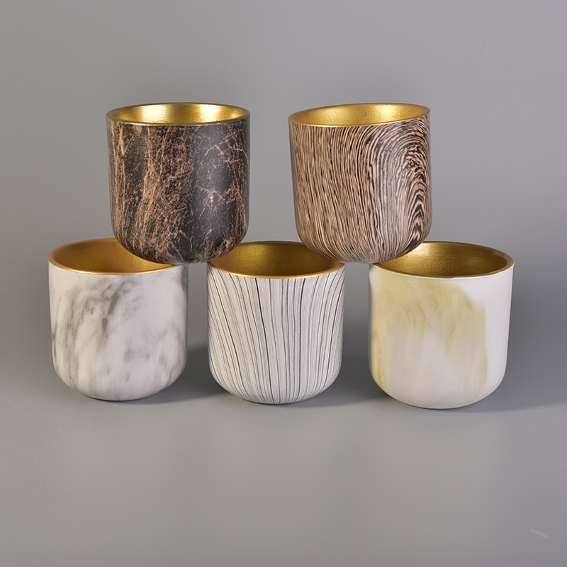 Tree Bark Pattern Ceramic Candle Vessel With Gold Electroplated Inside