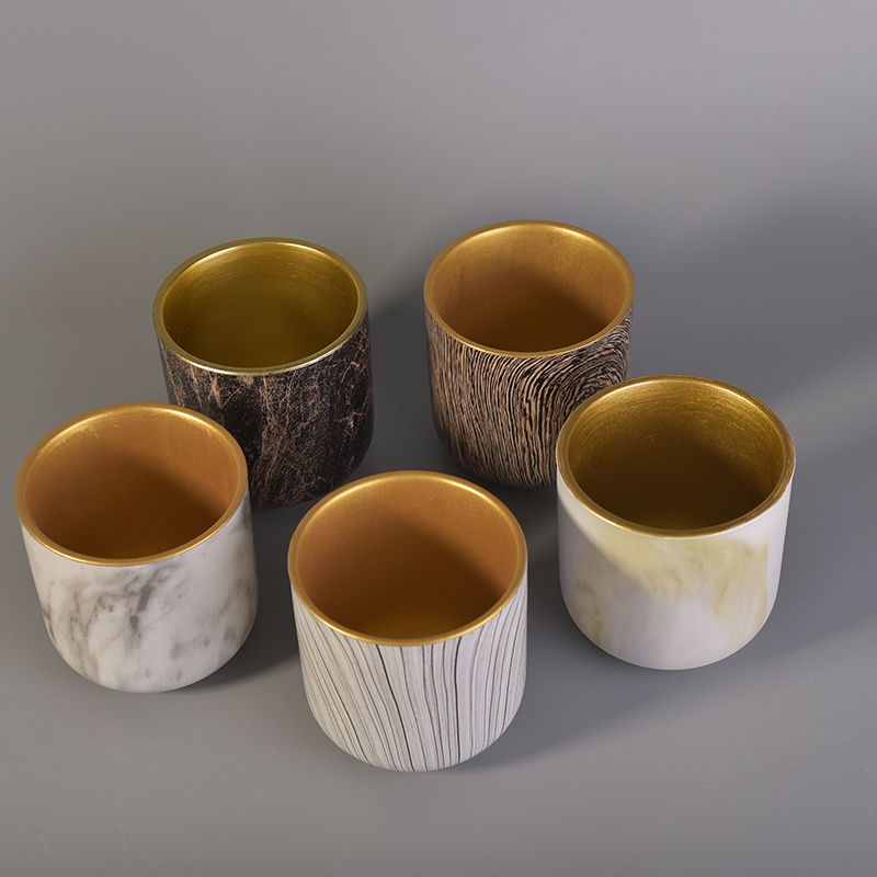 Tree Bark Pattern Ceramic Candle Vessel With Gold Electroplated Inside