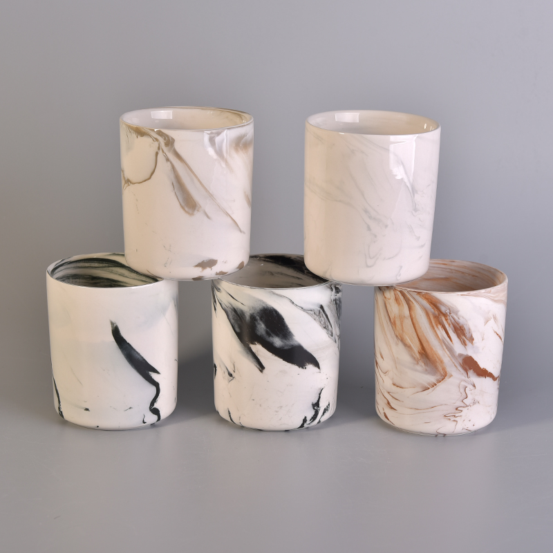 Long cylinder white marble ceramic candle jars hot selling