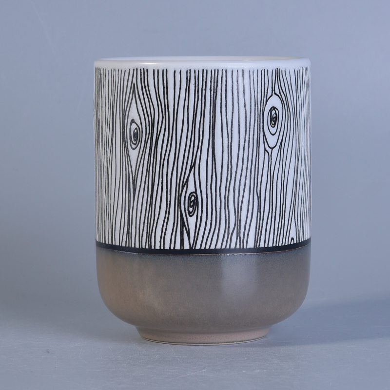 Popular shape hand painted tree pattern ceramic candle jars Metal color bottom wood grain glazing ceramic candle jar