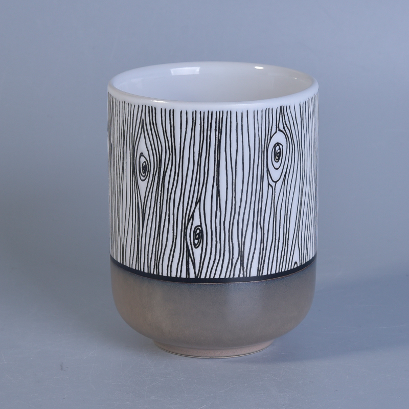 Popular shape hand painted tree pattern ceramic candle jars Metal color bottom wood grain glazing ceramic candle jar