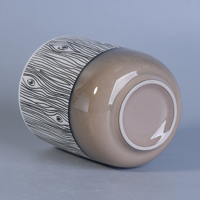 Popular shape hand painted tree pattern ceramic candle jars Metal color bottom wood grain glazing ceramic candle jar