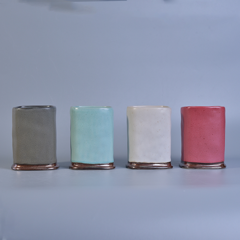 Square Cylinder Pink Glazed Ceramic Candle Holders For Decoration