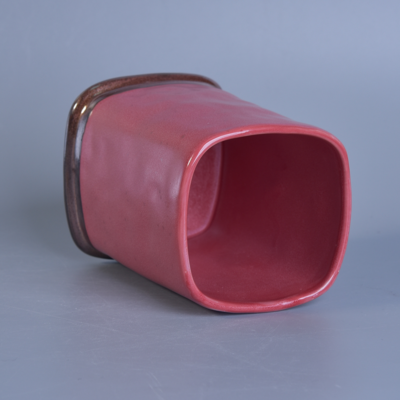 Square Cylinder Pink Glazed Ceramic Candle Holders For Decoration