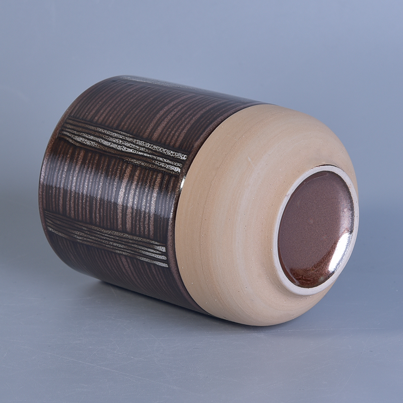Handmade round ceramic candle jars with hand paitning lines decoration