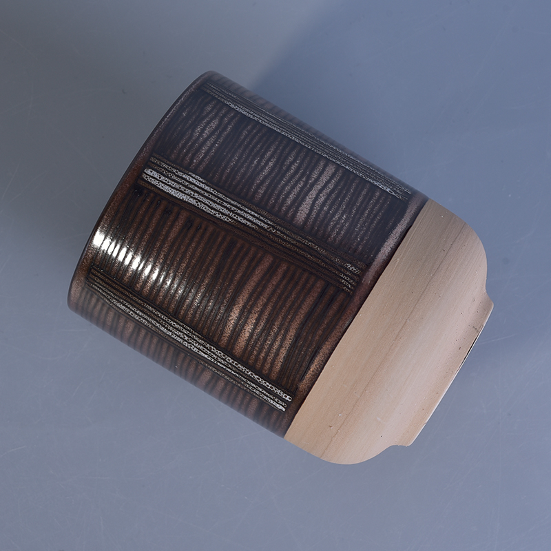 Handmade round ceramic candle jars with hand paitning lines decoration